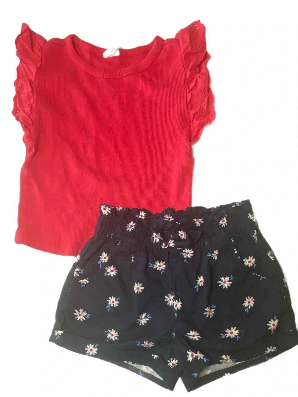 Baby GAP 3pc Set Red Top, Navy Floral Shorts & Red Straw Hat Size 3T